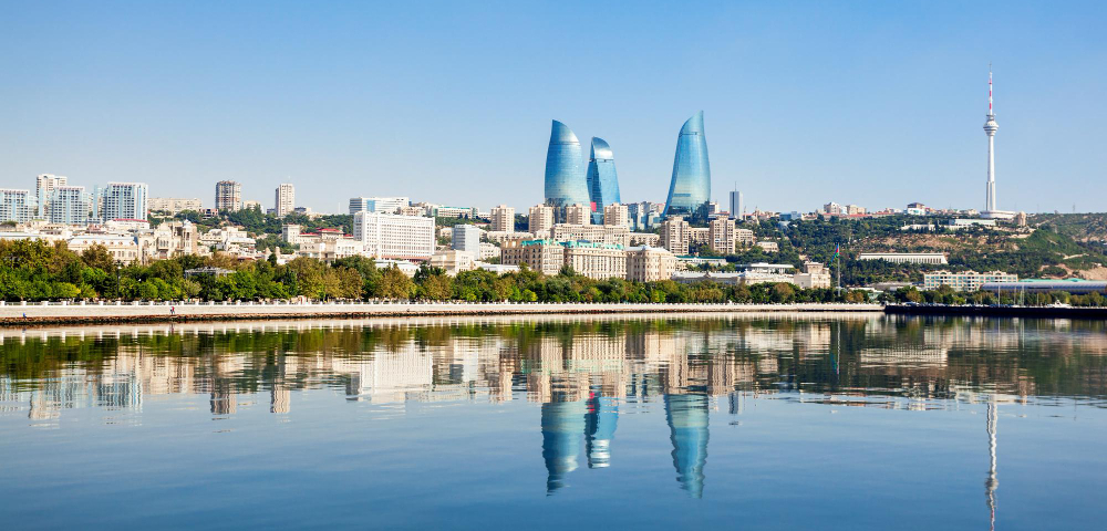Baku Azerbaijan flame towers capital city  from a long shote 